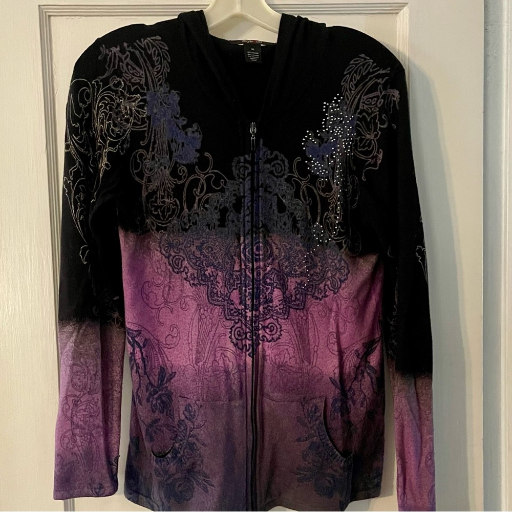 Purple and Black Zip-Up Style & Co Lightweight Sweater with Hood